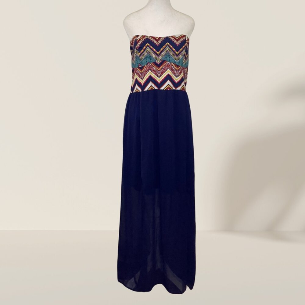 Xhilaration Strapless Maxi Dress 🌟 | XXL | Chevron Smocked Bodice & Sheer Overl